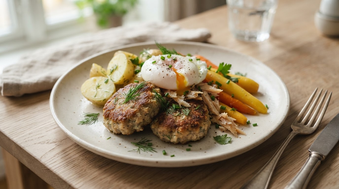 Tradisjonsrik påskemiddag med lammekaker, røkt fisk og posjert egg – slik ser retten ut