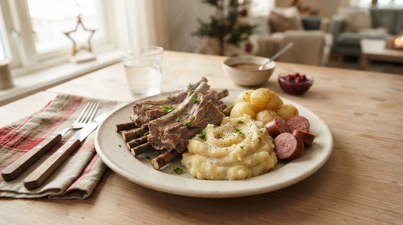 Tradisjonsrikt pinnekjøtt med kremet kålrotstappe og vossakorv – slik ser retten ut
