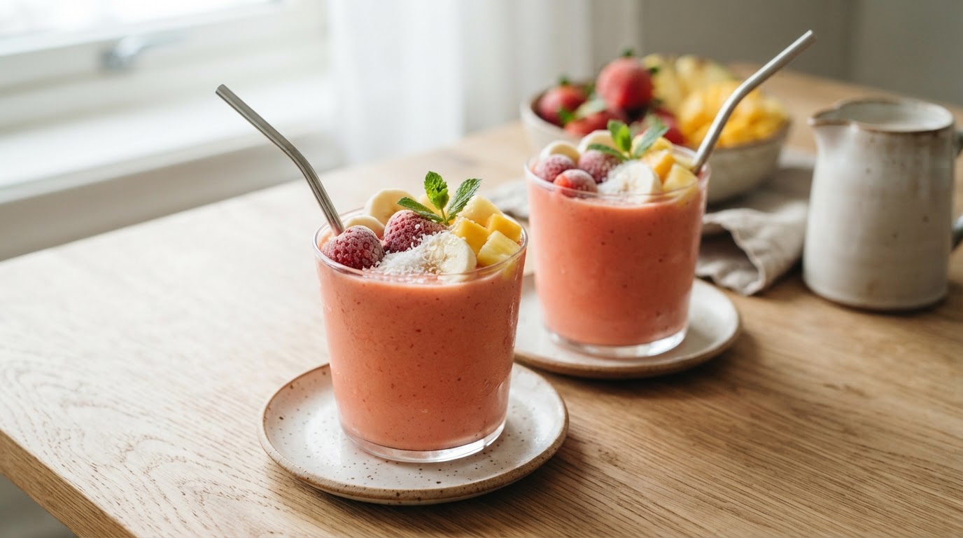 Tropisk jordbærsmoothie for hele familien – slik ser retten ut