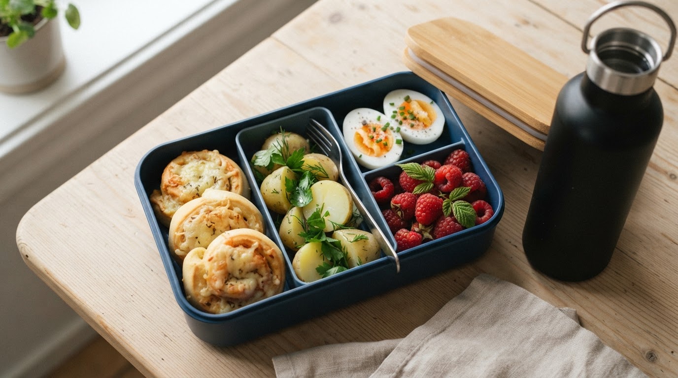 Variert bento-matpakke med ostesnurrer, nypoteter og augustbringebær – illustrasjonsbilde