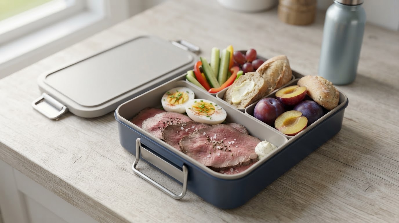 Variert bento-matpakke med roastbiff, egg og friske augustplommer – illustrasjonsbilde