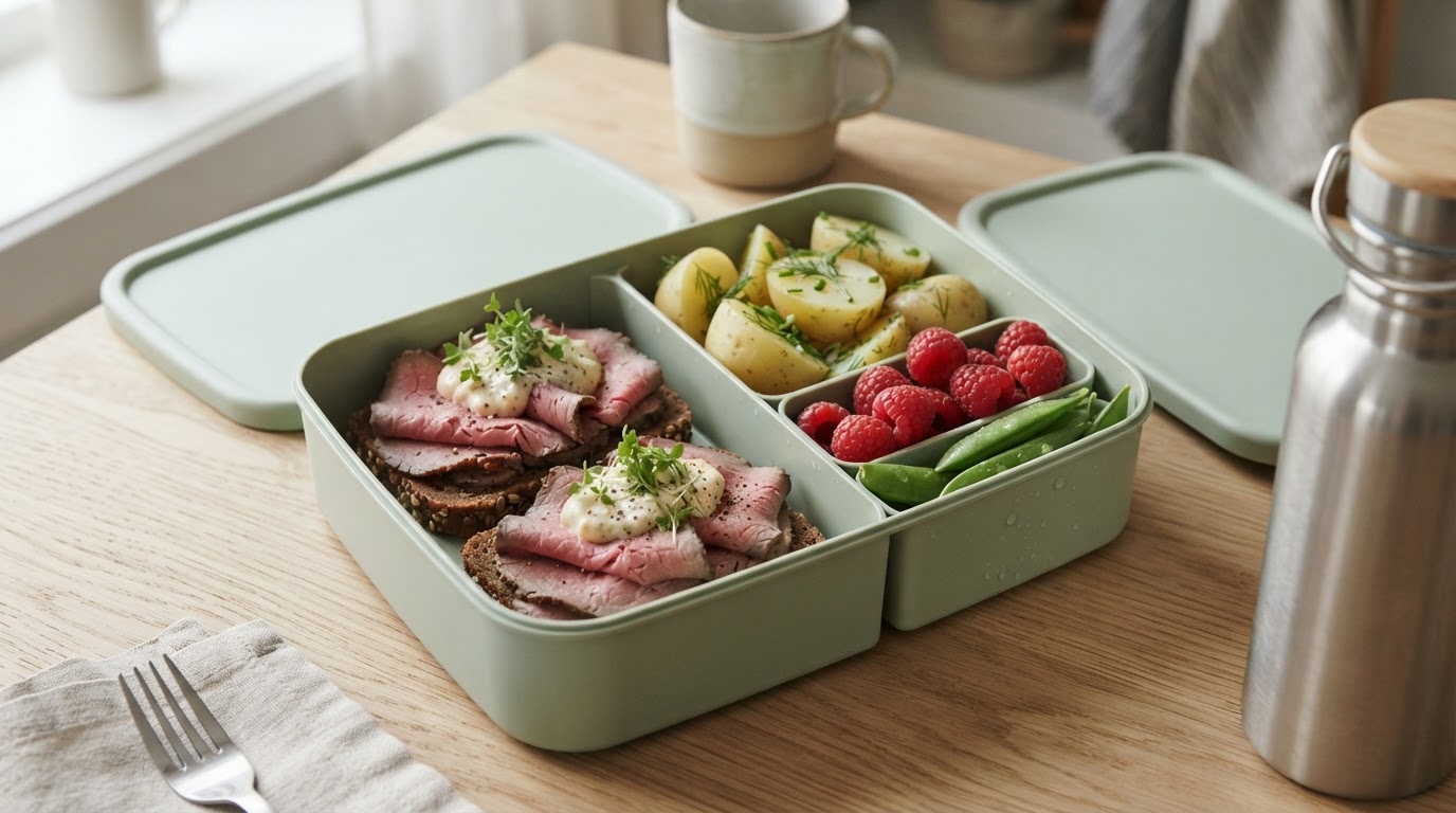 Variert bento-matpakke med roastbiff, nypoteter og augustbringebær – illustrasjonsbilde