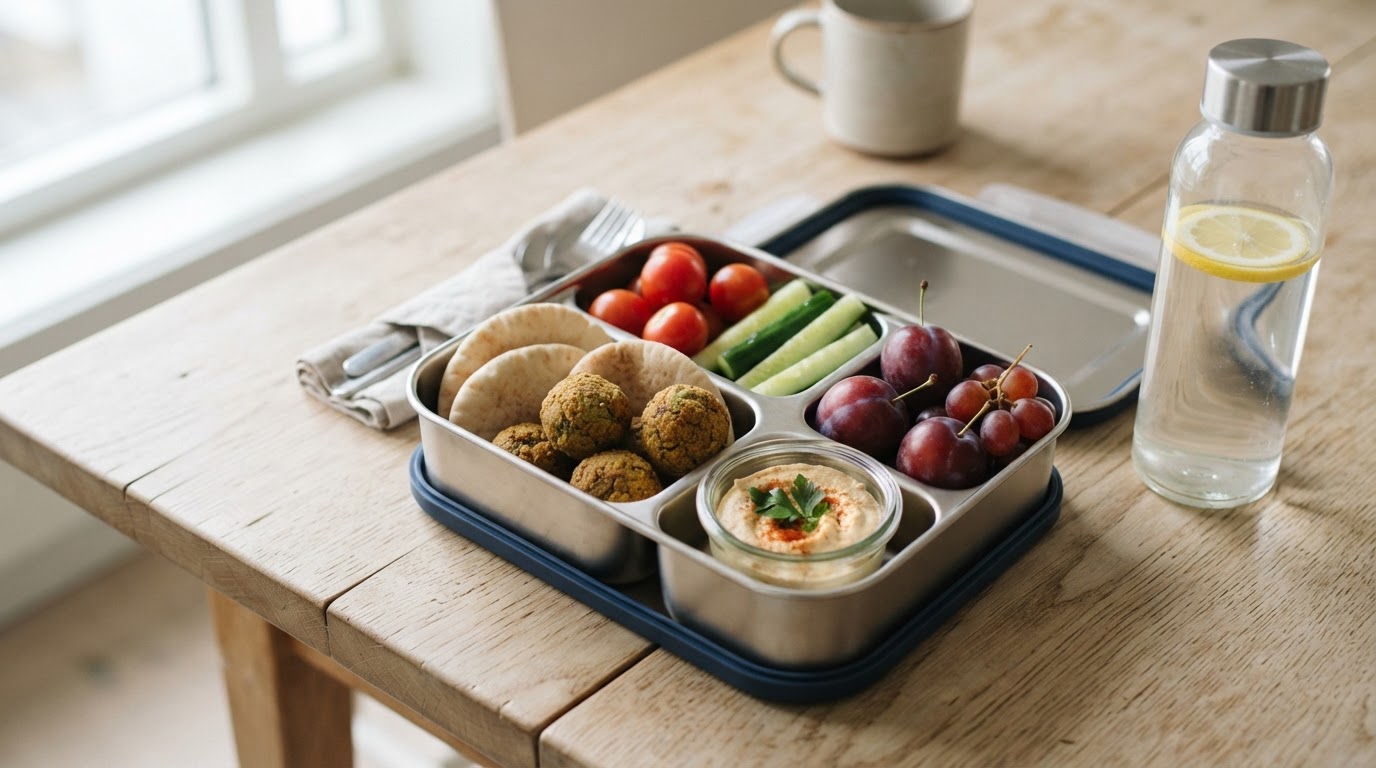 Variert familie-matpakke med pita, falafel og augustplommer – illustrasjonsbilde