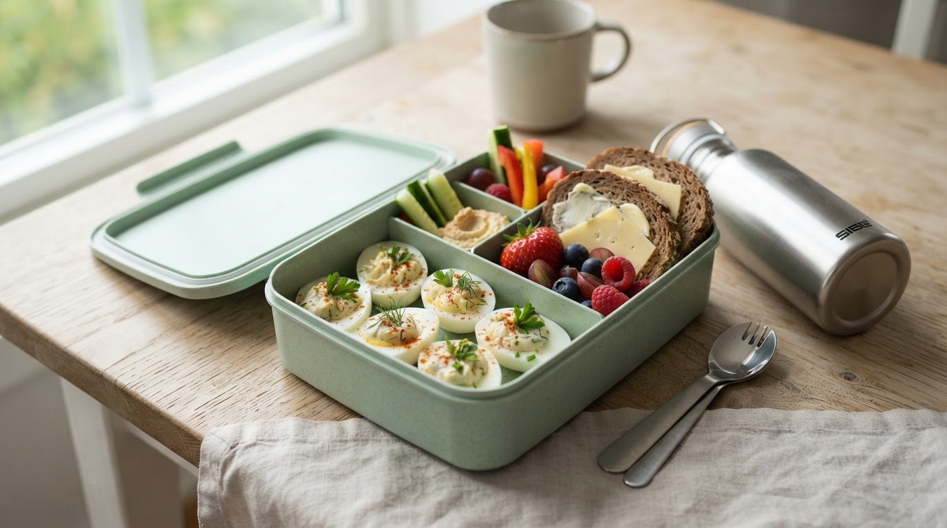 Variert frokostbrett med fylte eggebåter, grovbrød og frukt – slik ser retten ut