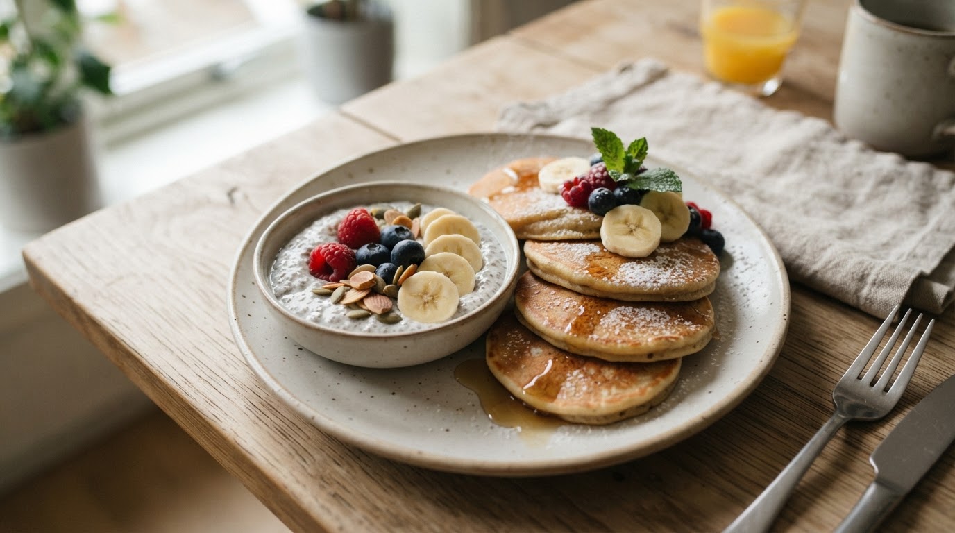 Variert frokostfat med bananpannekaker og kremet chia-pudding – illustrasjonsbilde