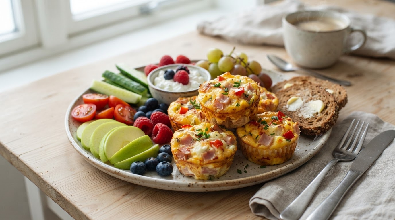Variert frokostfat med saftige egg- og cottage cheese-muffins – illustrasjonsbilde