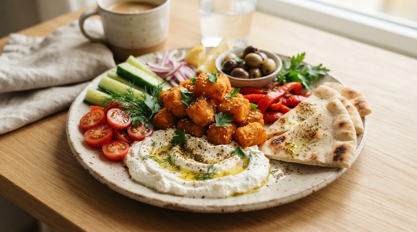 Variert frokostfat med sprø søtpotet-tots og pisket feta – illustrasjonsbilde