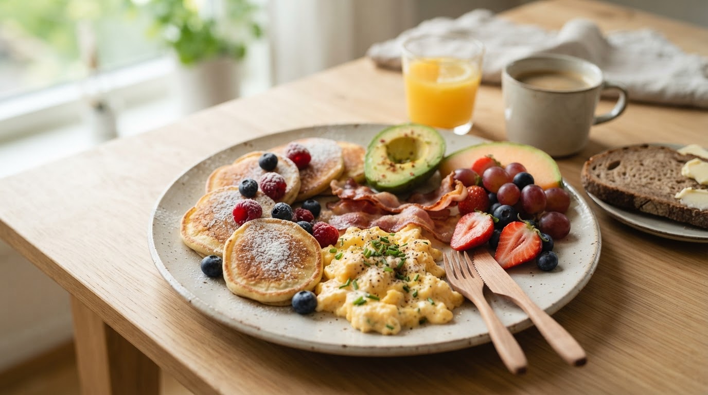 Variert frokosttallerken for hele familien – illustrasjonsbilde