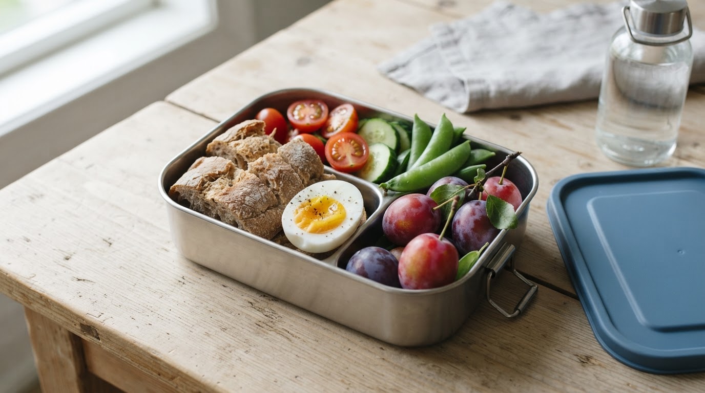 Variert matpakke med grov ciabatta, egg og augustplommer – illustrasjonsbilde