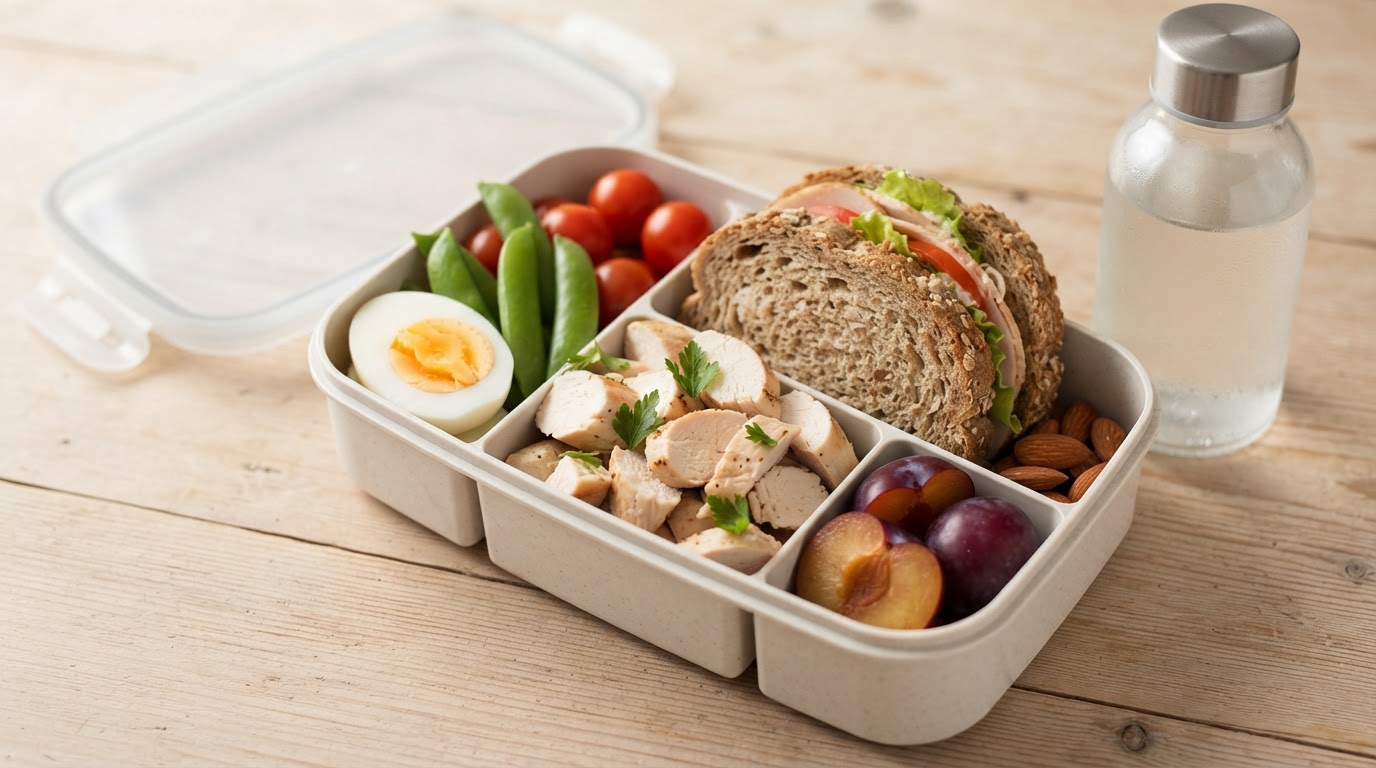 Variert matpakke med grove kalkunsandwicher, egg og augustplommer – illustrasjonsbilde