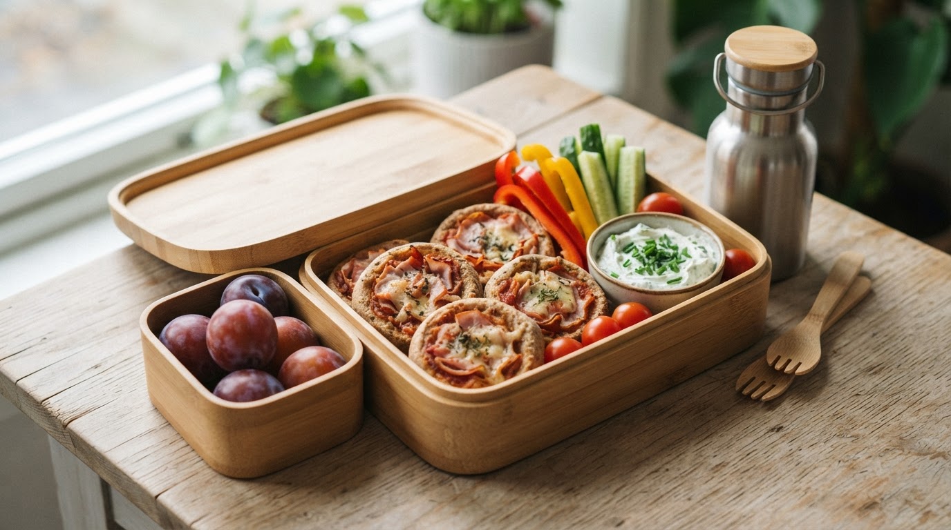 Variert matpakke med grove pizzasnurrer, kremost-dip og augustplommer – illustrasjonsbilde