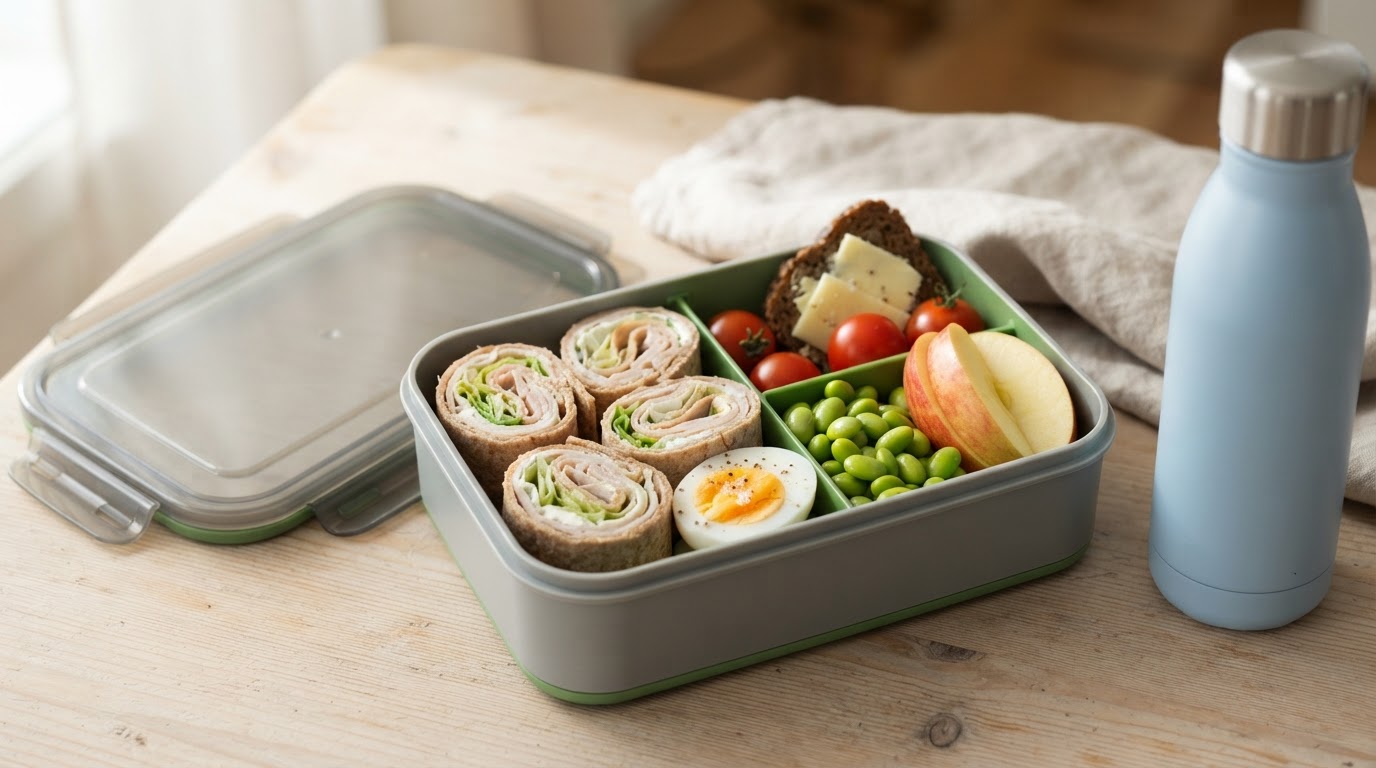 Variert matpakke med grove wrapsruller, egg og augustepler – illustrasjonsbilde