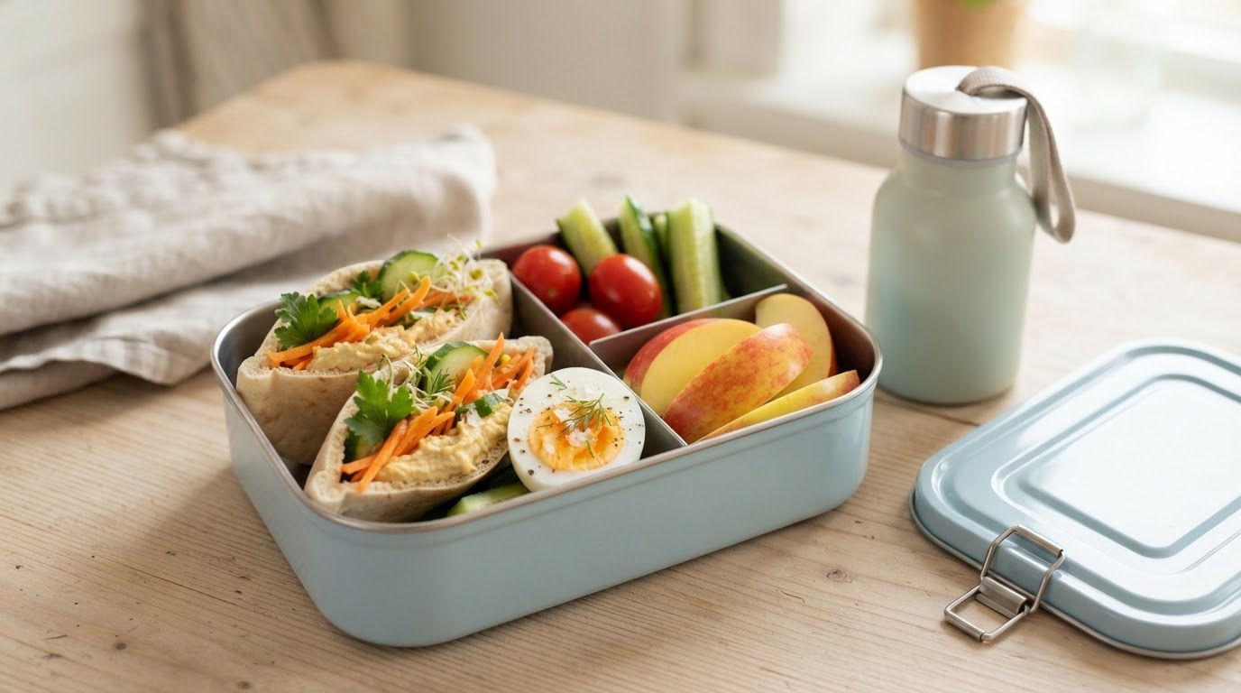 Variert matpakke med hummus-minipita, egg og augustepler – illustrasjonsbilde