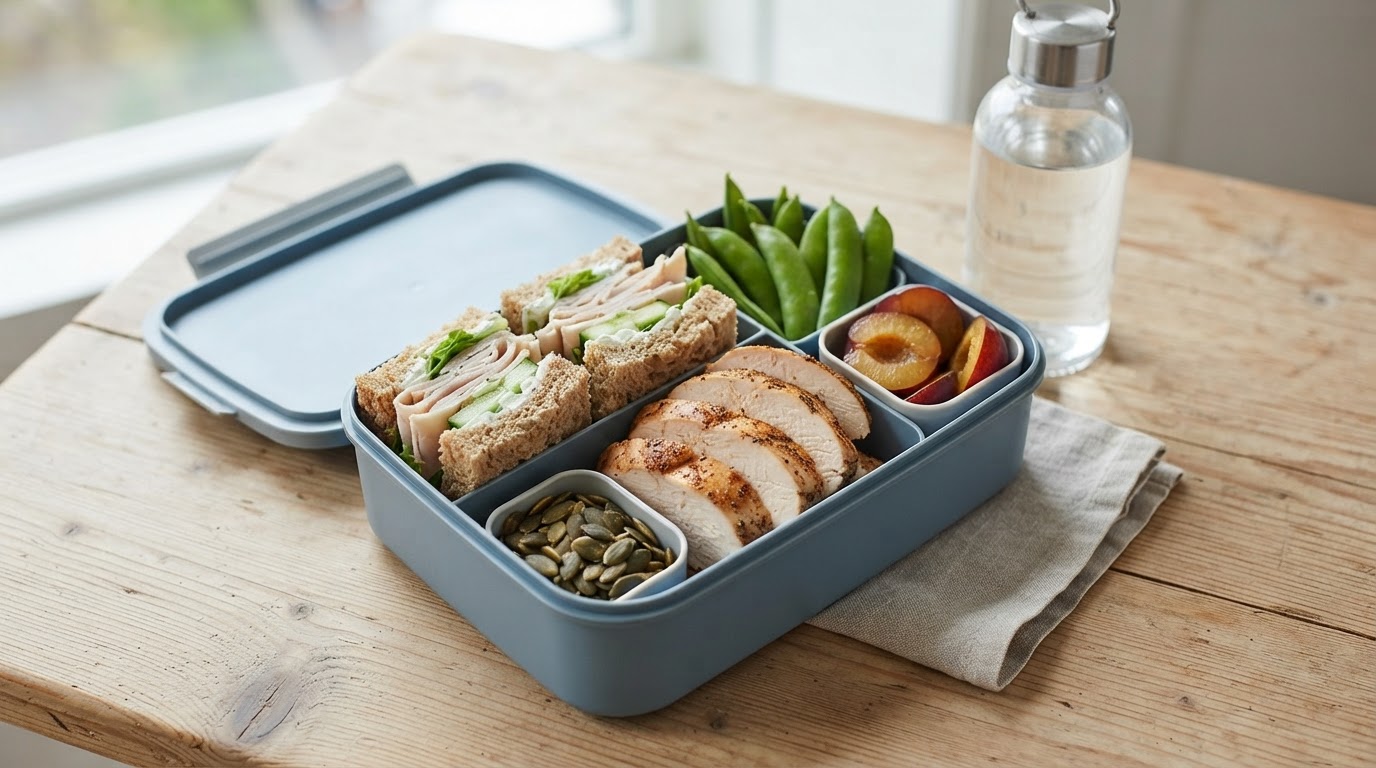 Variert matpakke med kalkunsandwich, sprø sukkererter og augustplommer – illustrasjonsbilde