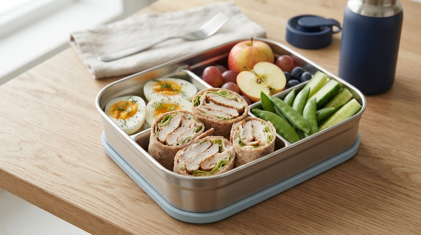 Variert matpakke med kalkunwraps, egg og augustepler – illustrasjonsbilde