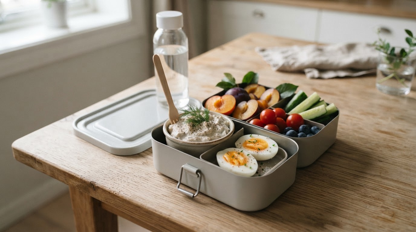 Variert matpakke med kremet makrell, egg og ferske augustplommer – illustrasjonsbilde