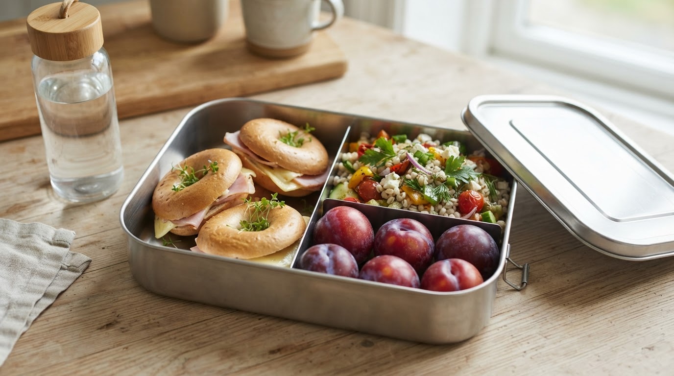 Variert matpakke med minibagels, byggrynsalat og augustplommer – illustrasjonsbilde
