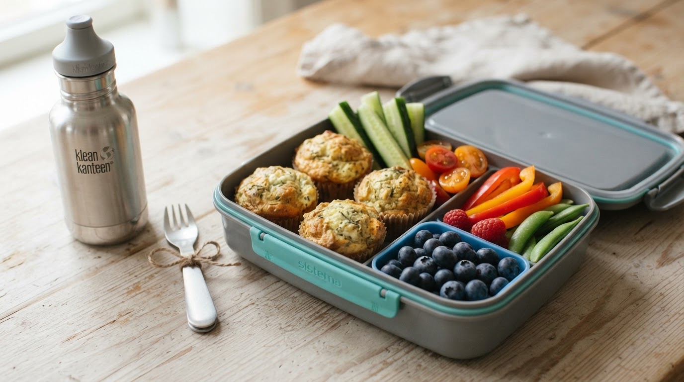 Variert matpakke med saftige matmuffins, sprø grønnsaker og augustblåbær – illustrasjonsbilde