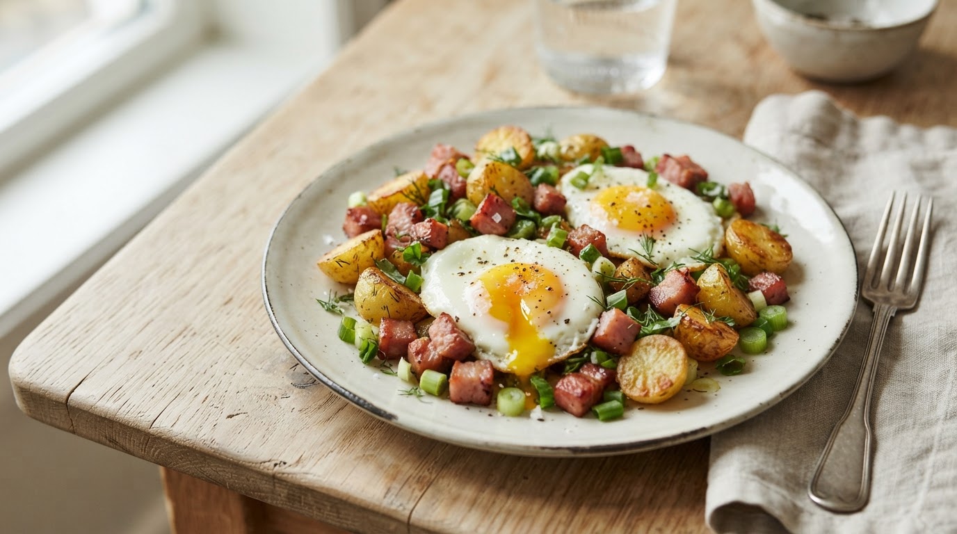 Varm frokostpanne med nypoteter, skinke og speilegg – illustrasjonsbilde