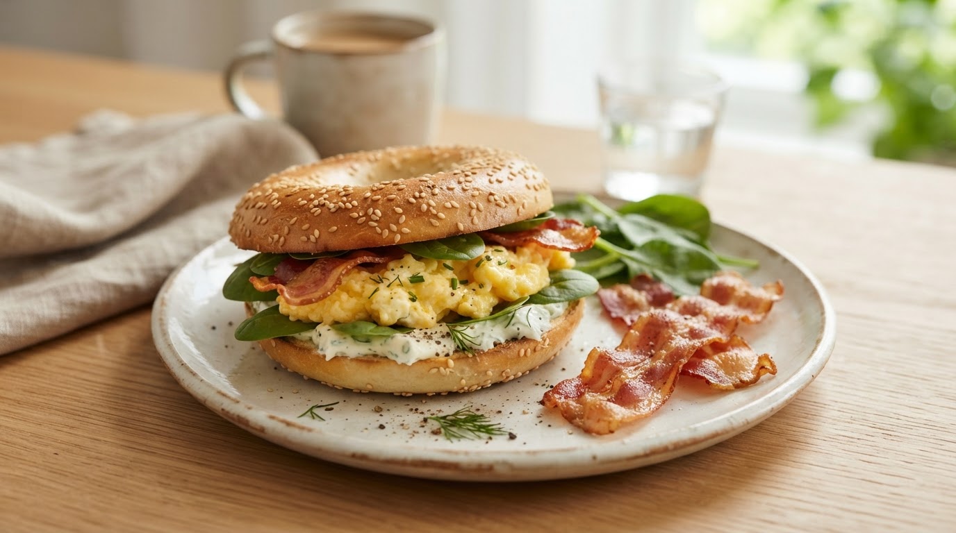 Varme frokostbageler med eggerøre, kremost og kalkunbacon – slik ser retten ut