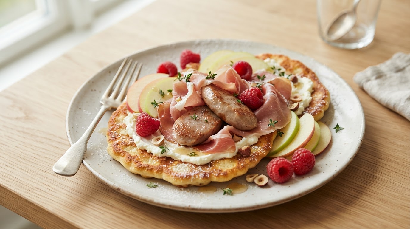 Varme frokostblingser med spekeskinke, norske epler og bringebær – illustrasjonsbilde