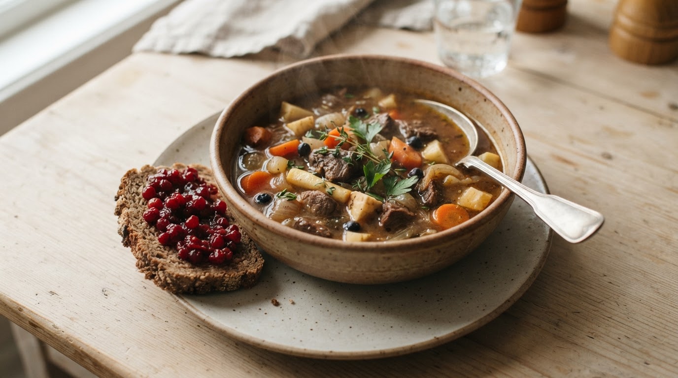 Varmende hjortegrytesuppe med rotgrønnsaker og tyttebærbrød – illustrasjonsbilde
