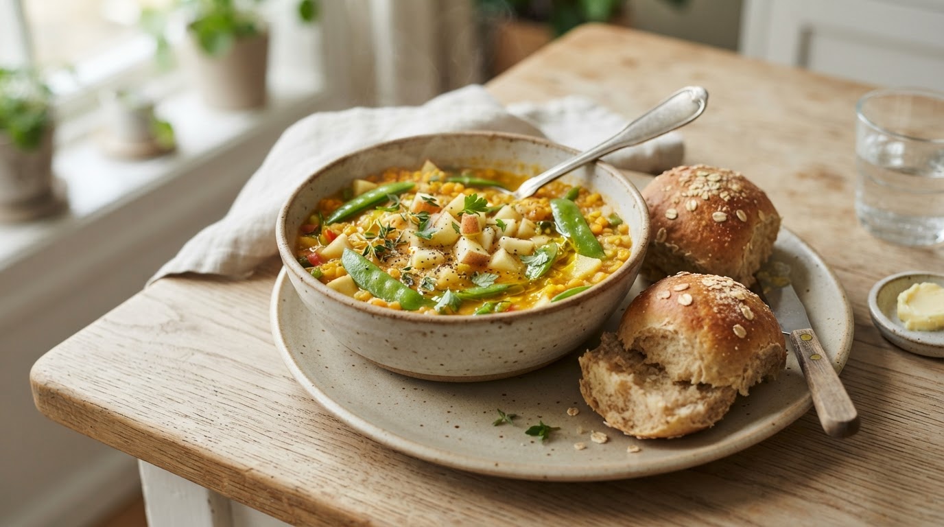 Varmende linsesuppe med norske epler, sukkererter og nybakte havrerundstykker – illustrasjonsbilde