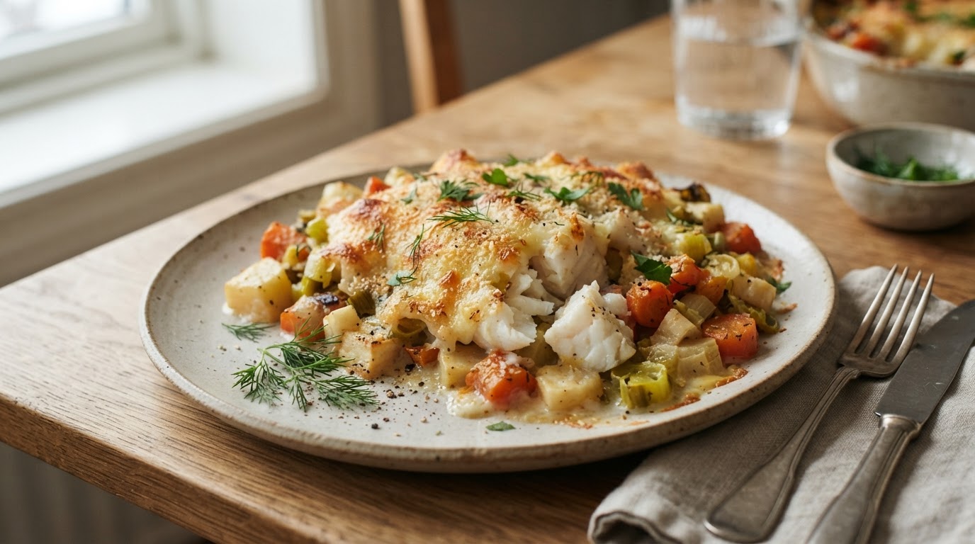 Varmende ovnsbakt fiskeform med rotgrønnsaker og gratinert ostelokk – illustrasjonsbilde
