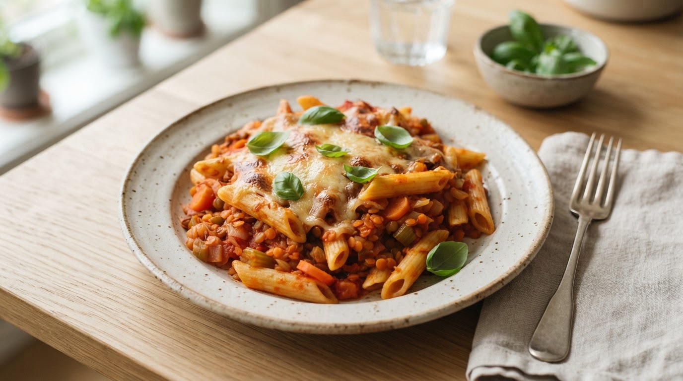 Vegansk-inspirert pastagrateng med linser og tomatsaus – slik ser retten ut