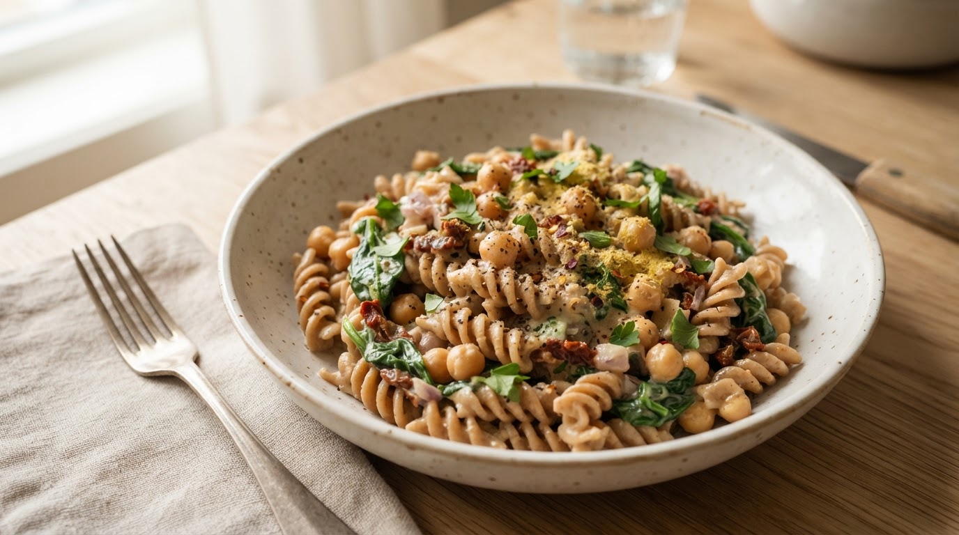 Vegansk kremet fullkornspasta med kikerter og spinat – illustrasjonsbilde