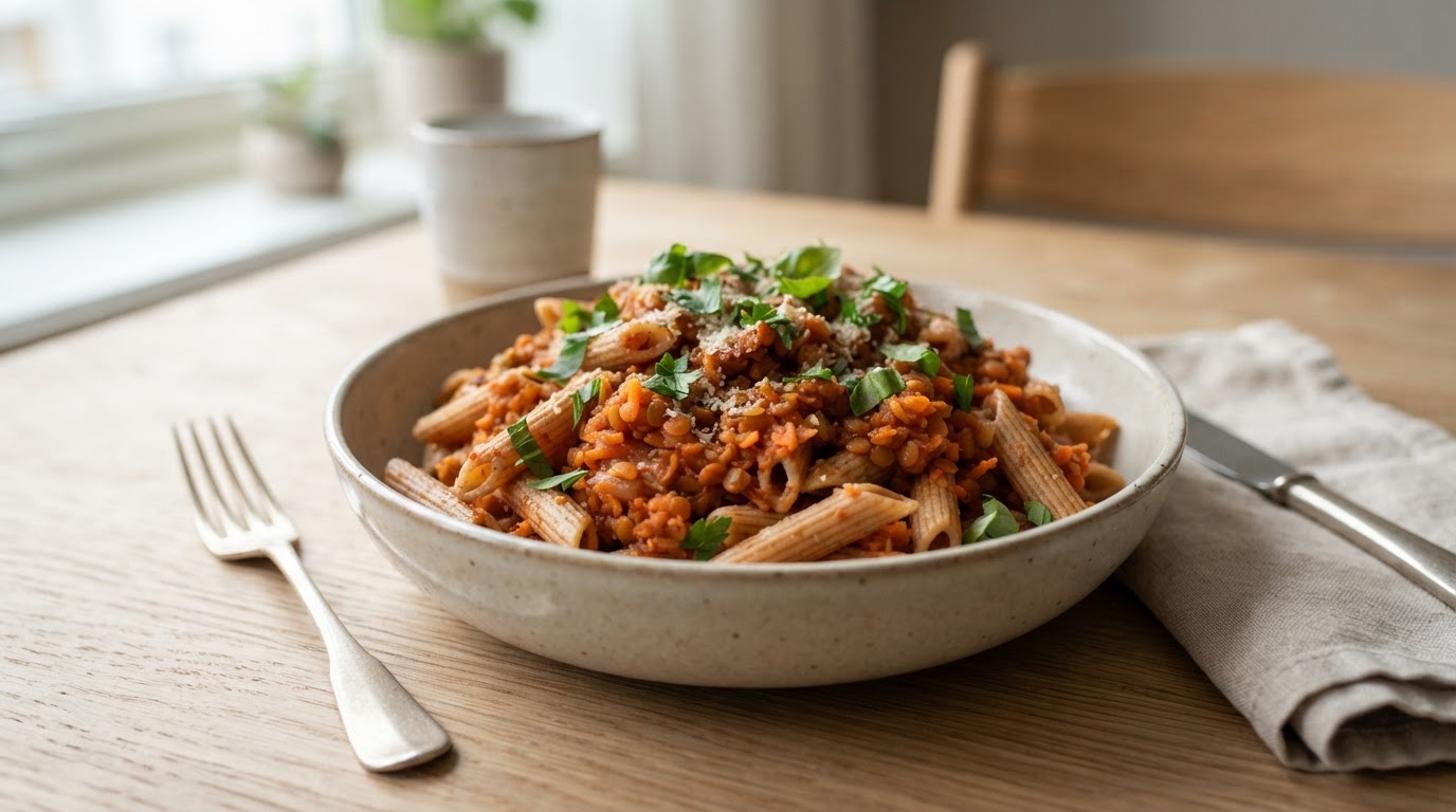 Vegansk Linsebolognese med Fullkornspasta