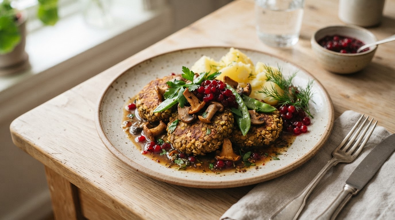 Veganske linsekaker med stekt sopp, sukkererter og tyttebær – slik ser retten ut