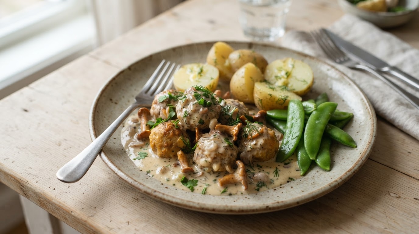 Vegetarboller med kantarell i kremet fløtesaus – illustrasjonsbilde