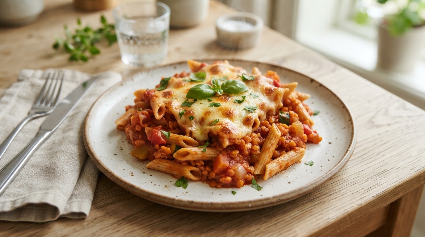 Vegetarisk lasagne-inspirert pastaform med røde linser – slik ser retten ut