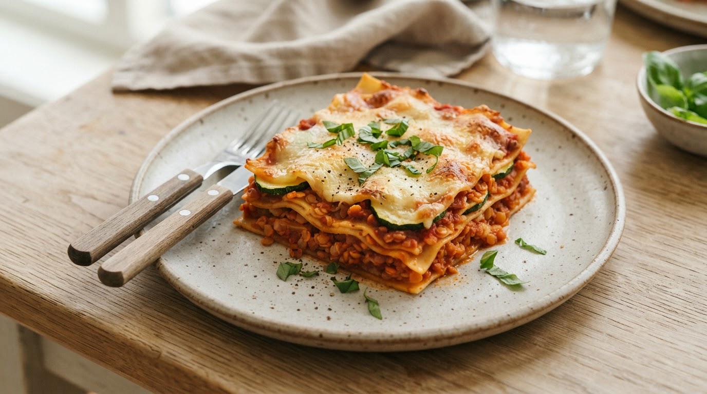 Vegetarisk lasagne med linser og squash – slik ser retten ut