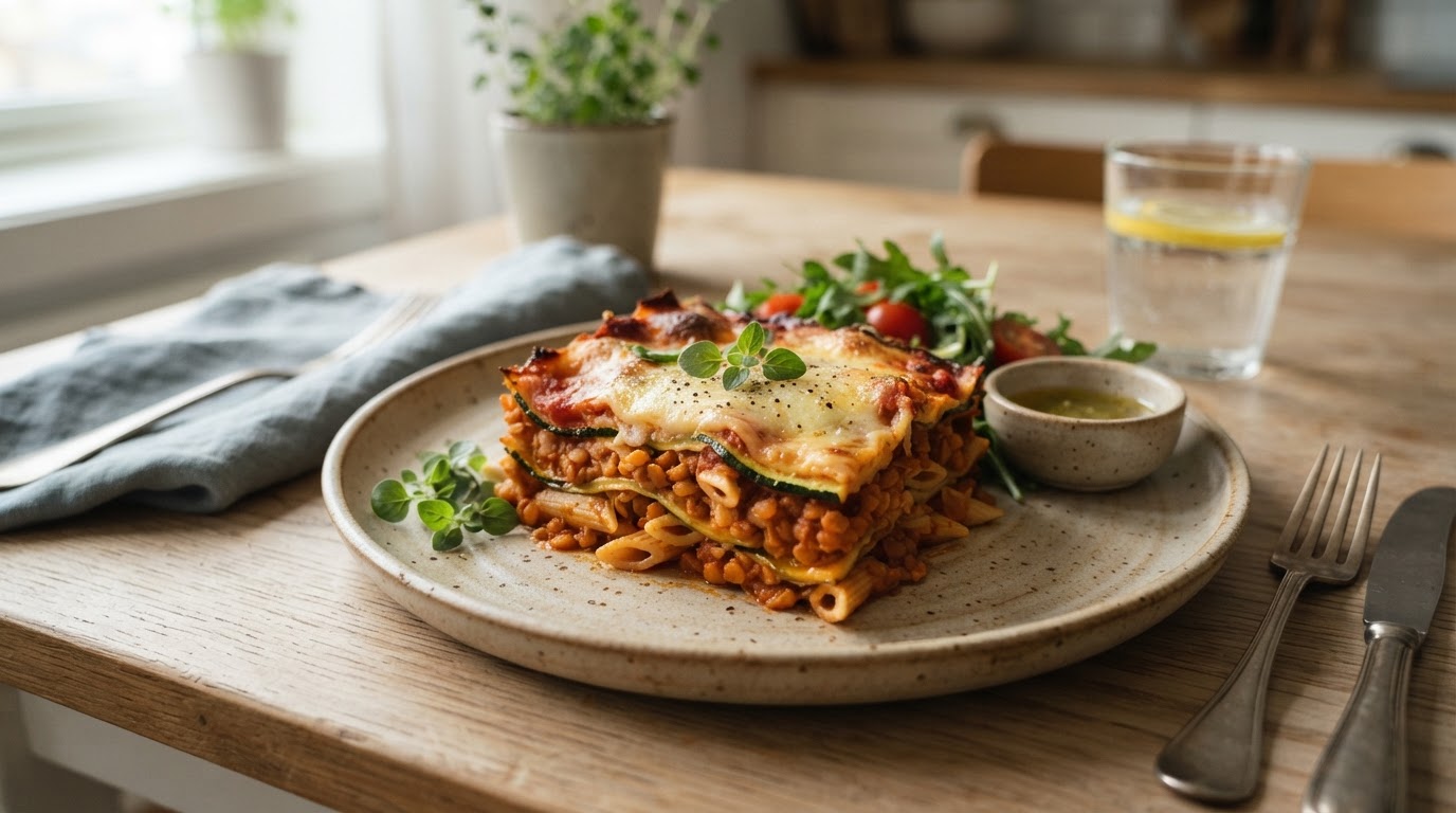 Vegetarisk linse- og squashlasagne – illustrasjonsbilde