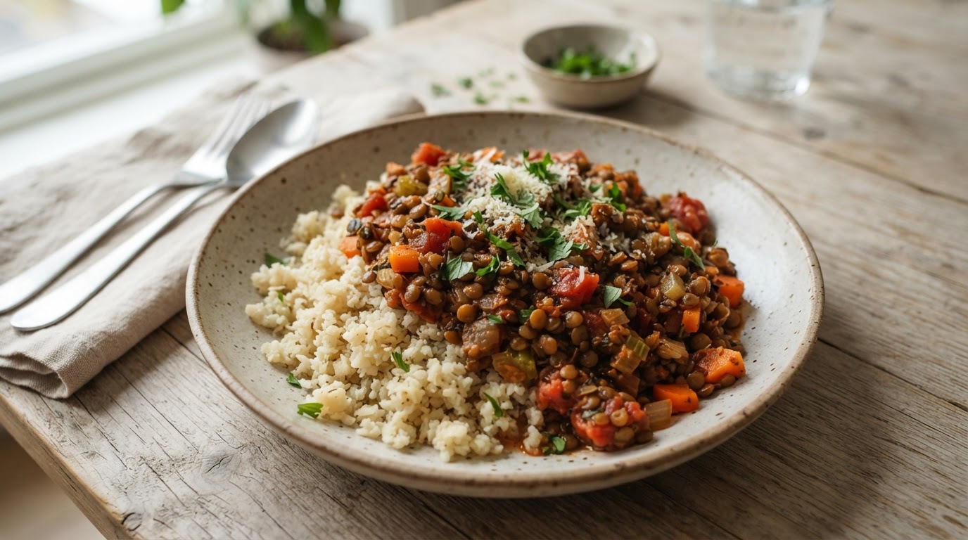 Vegetarisk Linsebolognese med Blomkålris – slik ser retten ut