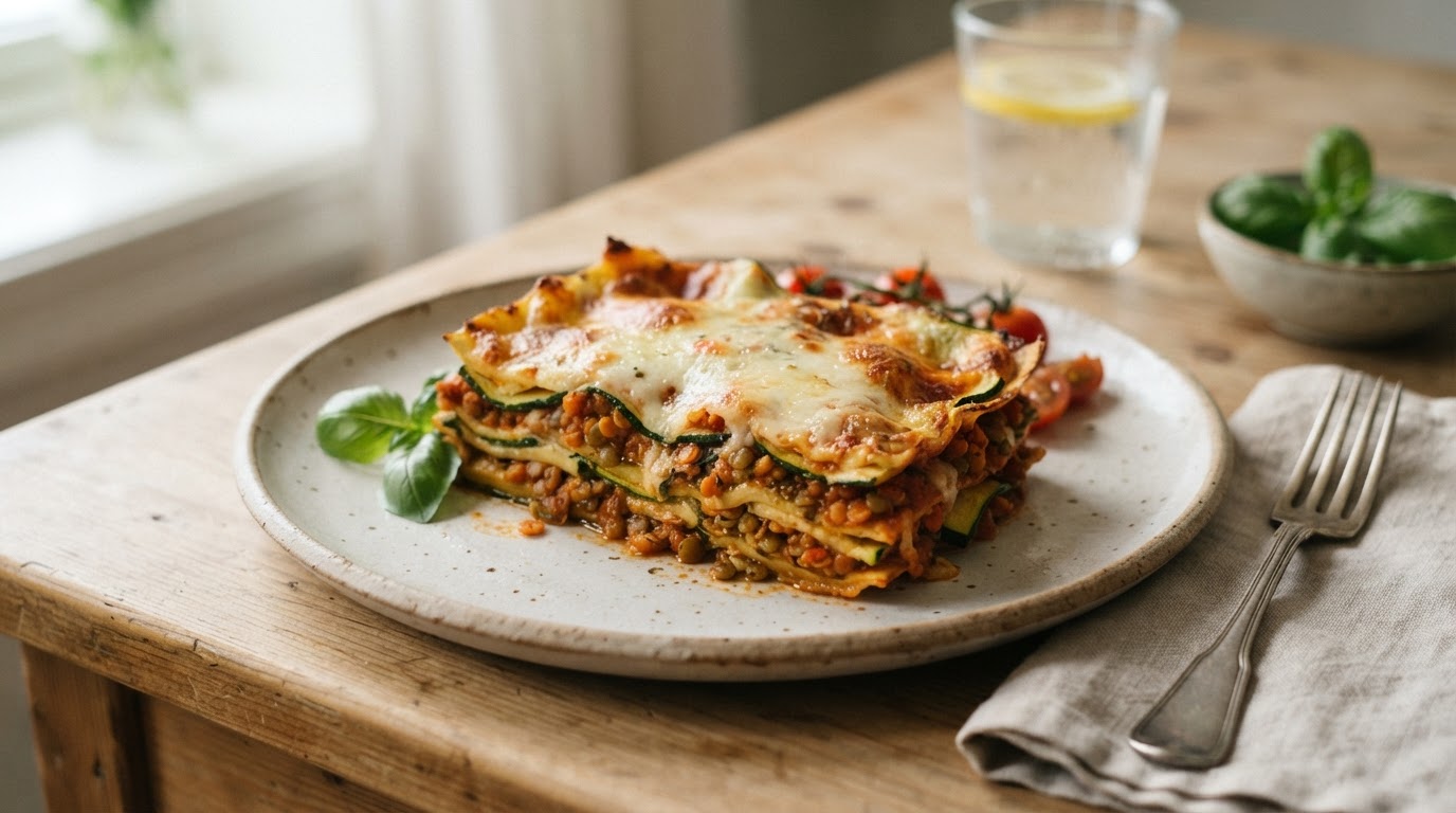 Vegetarisk squashlasagne med linser og ost – illustrasjonsbilde