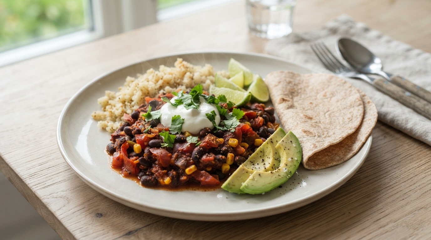 Vegetarisk tacogryte med blomkålris og avokado – illustrasjonsbilde