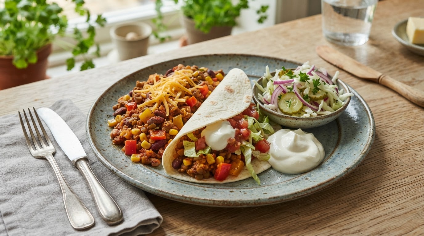 Vegetarisk tacogryte med friske grønnsaker – slik ser retten ut