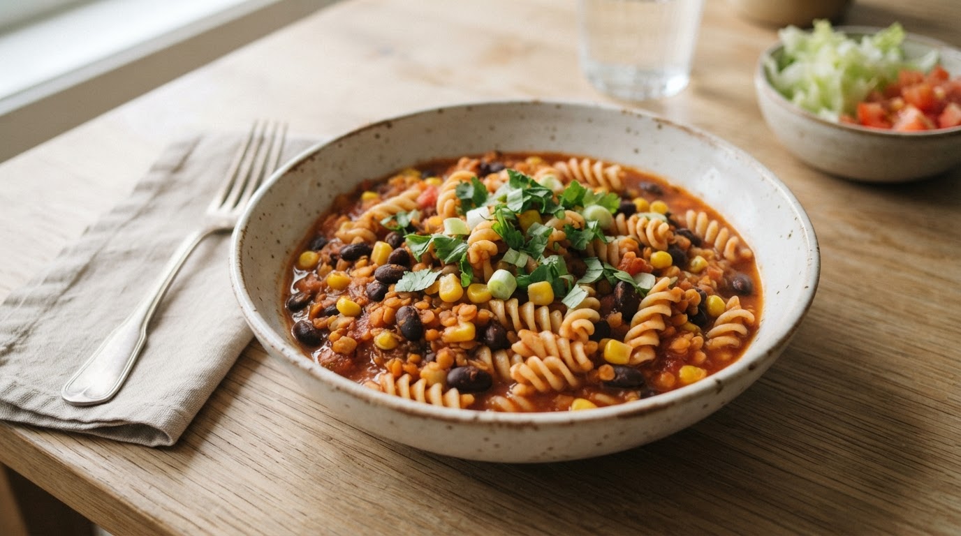 Vegetarisk Tacogryte med Glutenfri Pasta – illustrasjonsbilde
