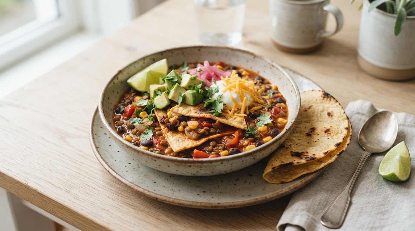 Vegetarisk Tacogryte med Linser, Bønner og Avokado – illustrasjonsbilde