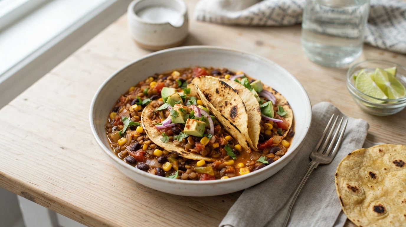 Vegetarisk Tacogryte med Linser, Bønner og Fersk Mais – slik ser retten ut