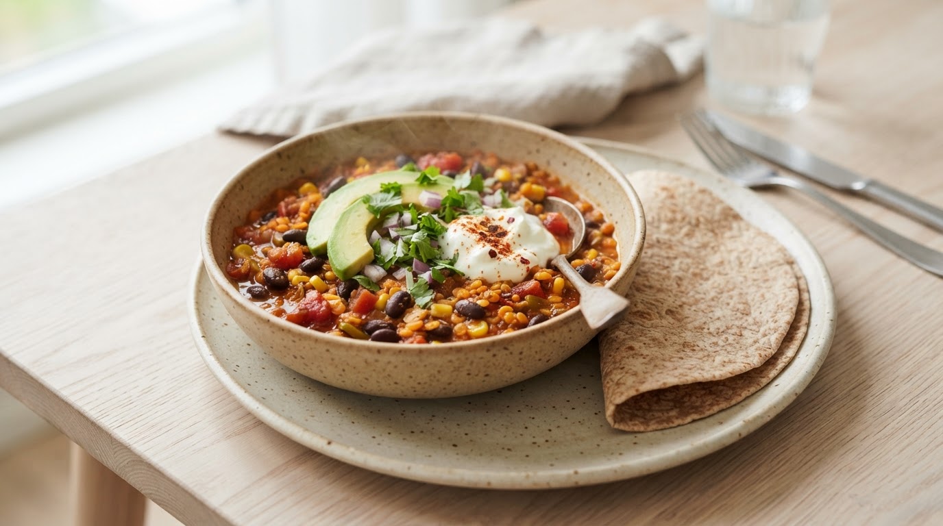 Vegetarisk tacogryte med linser, bønner og fullkornstortilla – illustrasjonsbilde