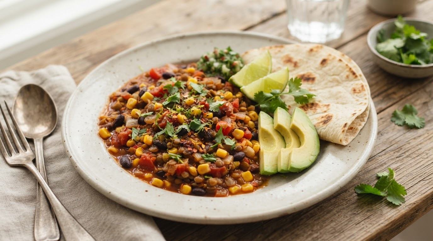 Vegetarisk Tacogryte med Linser, Fersk Mais og Avokado – slik ser retten ut