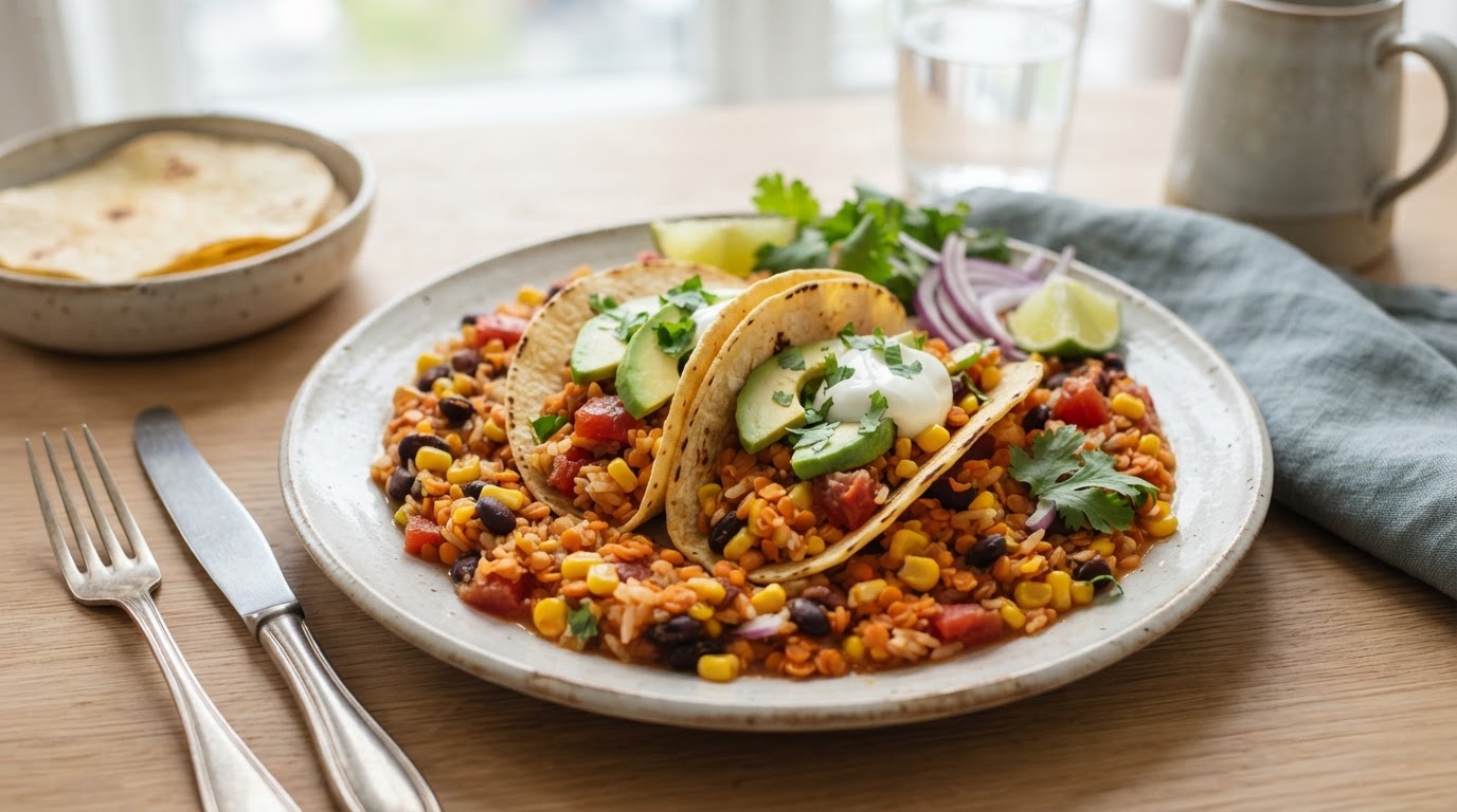 Vegetarisk tacogryte med linser, fersk mais og ris – slik ser retten ut