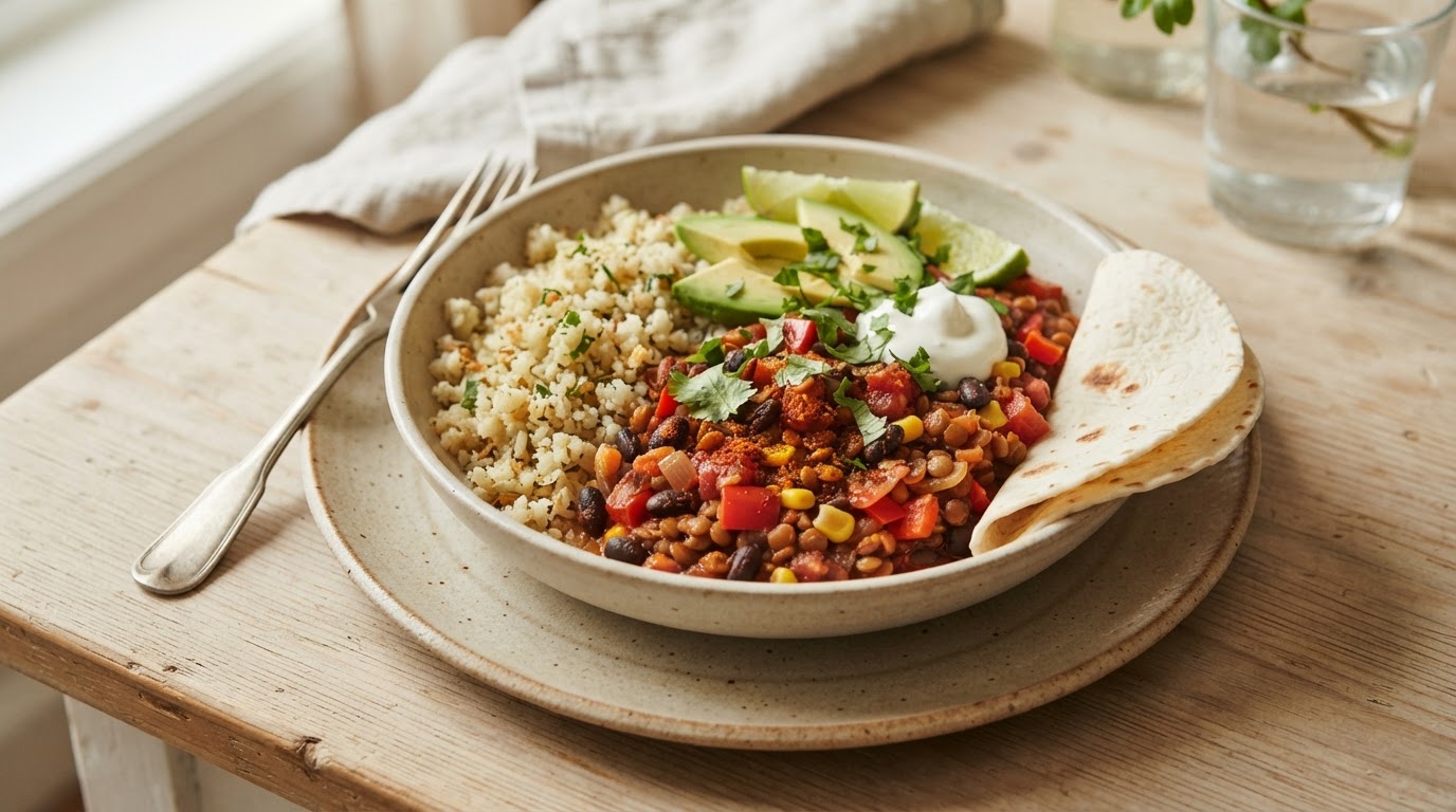 Vegetarisk tacogryte med linser og blomkålris – illustrasjonsbilde