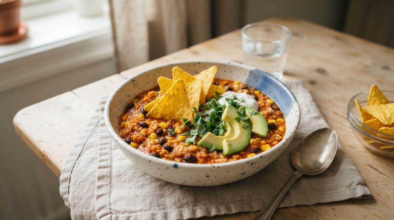 Vegetarisk tacogryte med linser, ris og avokado – slik ser retten ut