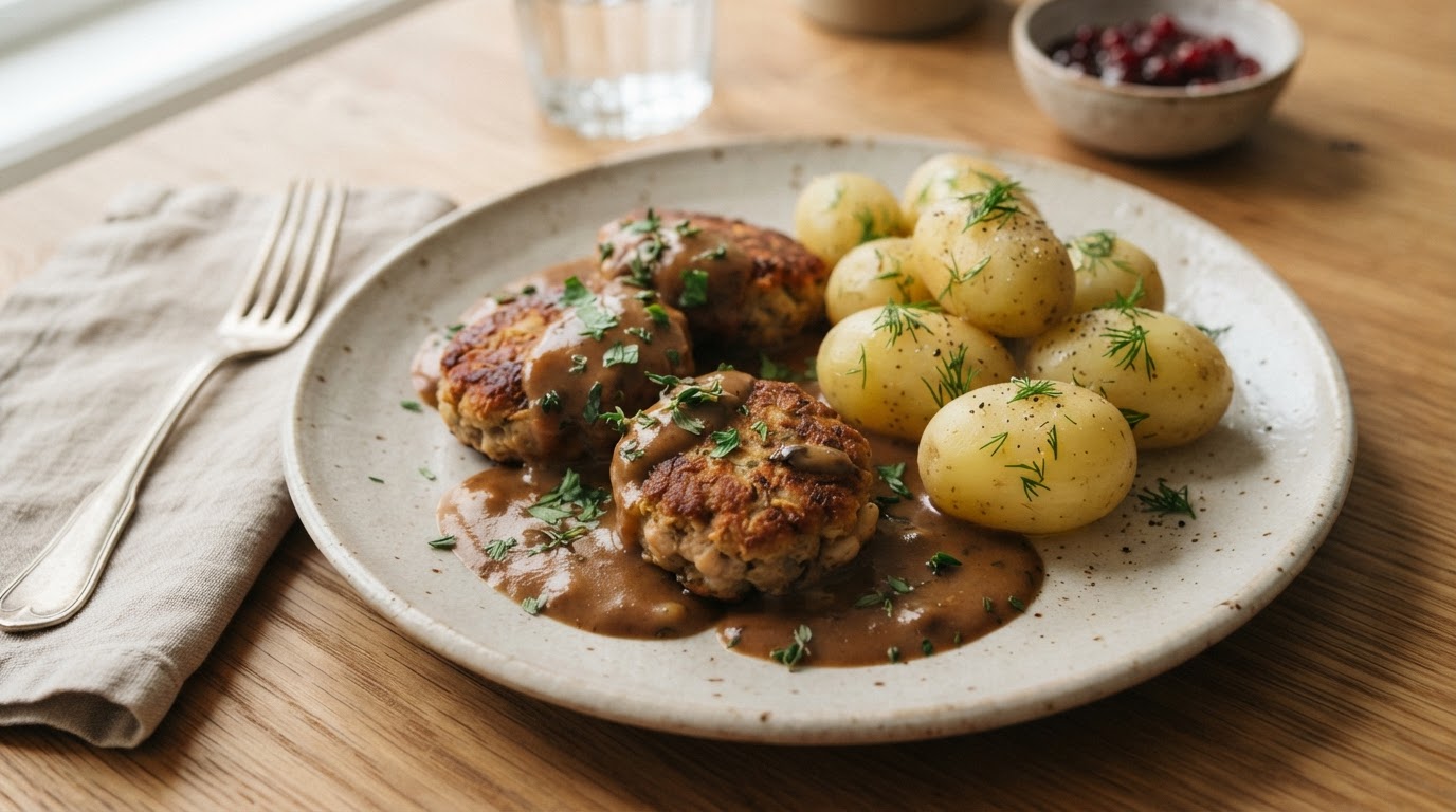 Vegetarkaker i brun saus med nypoteter – illustrasjonsbilde