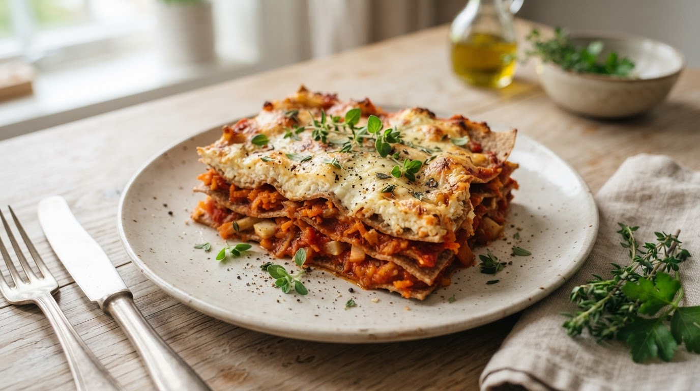 Vegetarlasagne med laktosefri cottage cheese og norske rotgrønnsaker – illustrasjonsbilde